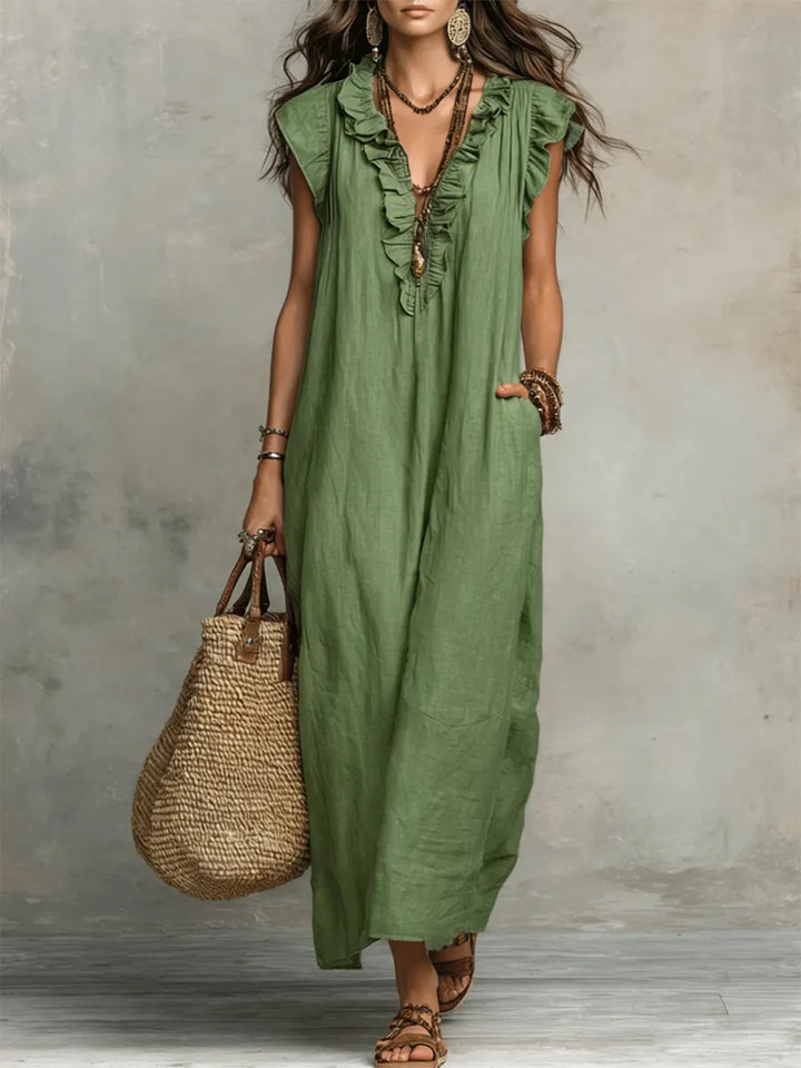Xanthe | Damen V-Ausschnitt Rüschen Maxikleid - Green - Image 1