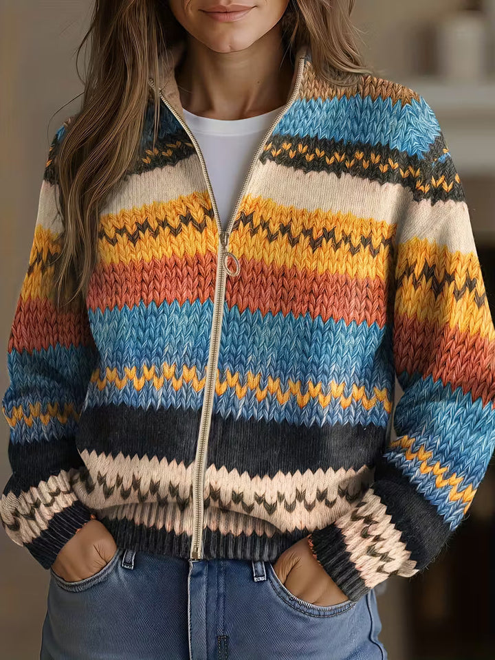 Zelvira | Damen Strickjacke Buntgestreift mit Reißverschluss - Image 1