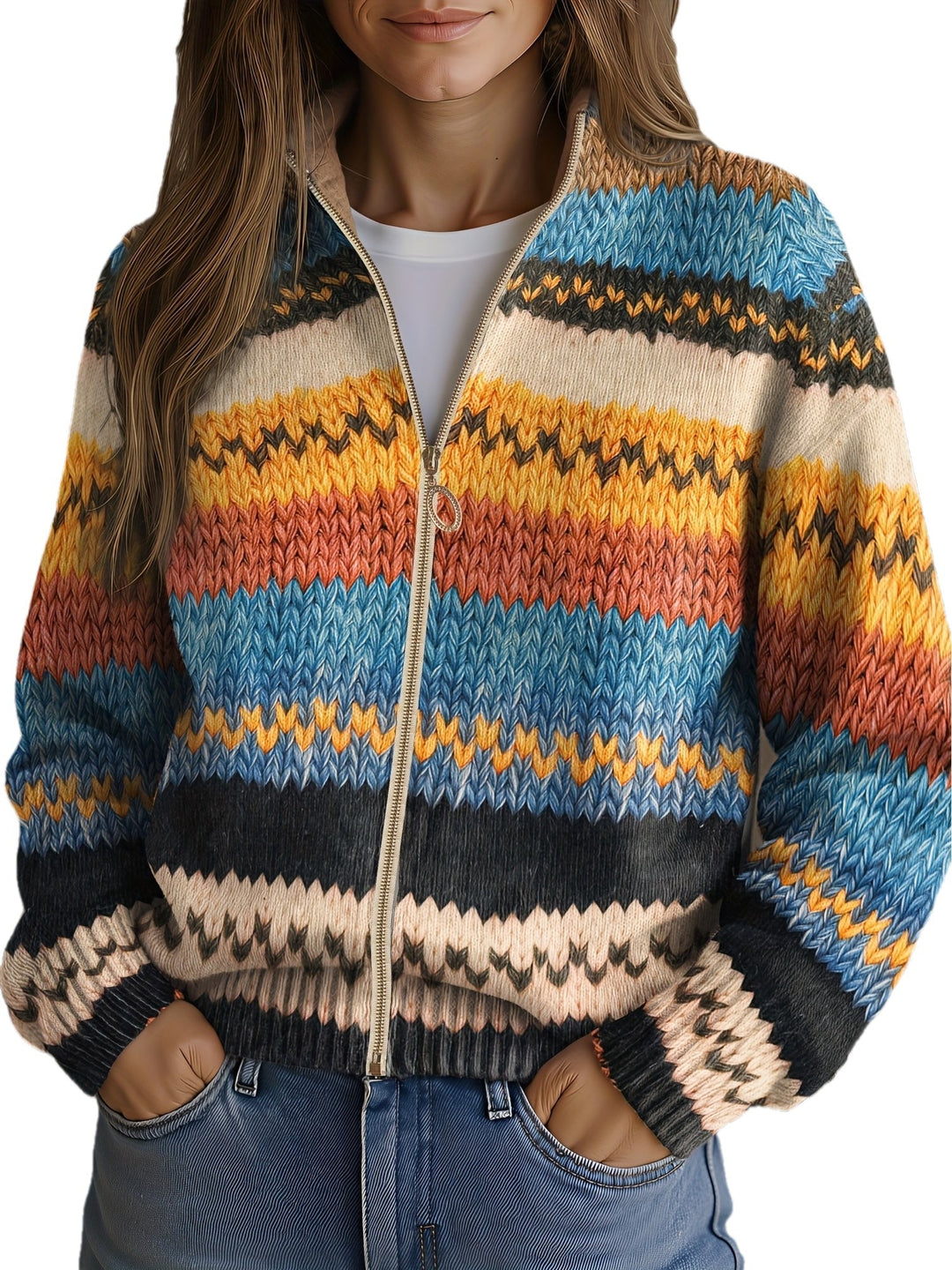 Zelvira | Damen Strickjacke Buntgestreift mit Reißverschluss - Image 2