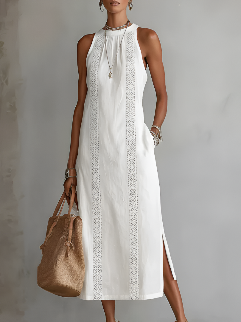 Zenobia | Damen Ärmeloses Midikleid mit Stehkragen - White - Image 1
