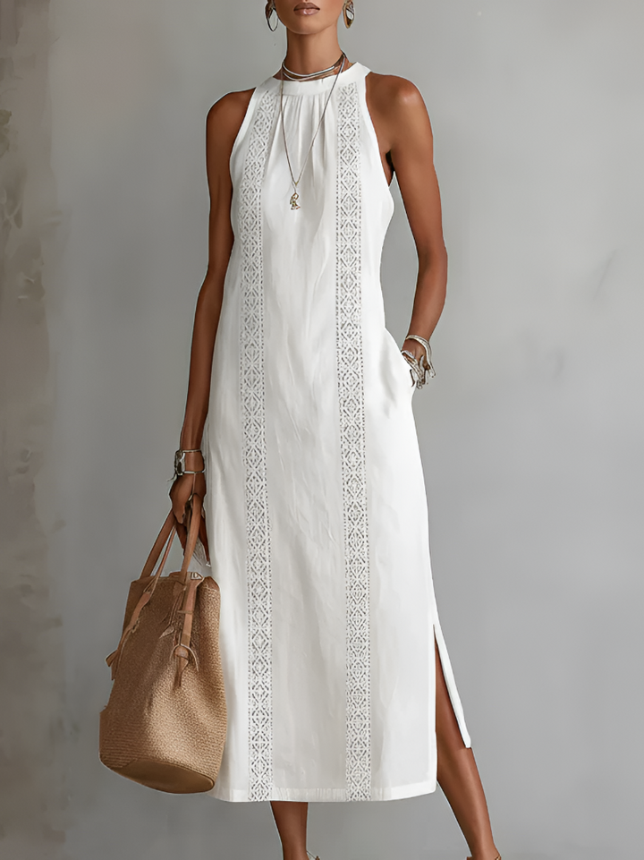 Zenobia | Damen Ärmeloses Midikleid mit Stehkragen - White - Image 1