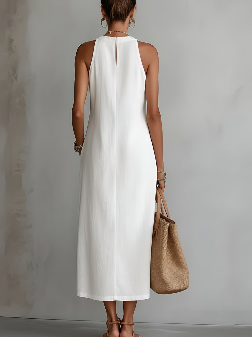 Zenobia | Damen Ärmeloses Midikleid mit Stehkragen - White - Image 2