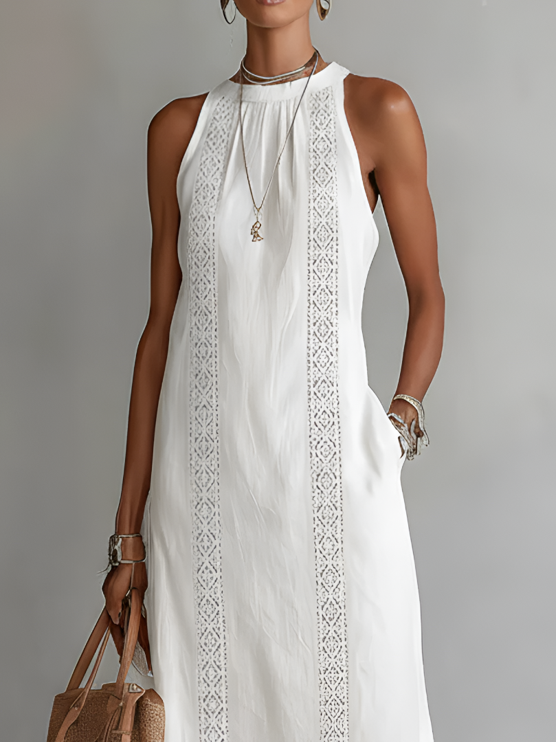 Zenobia | Damen Ärmeloses Midikleid mit Stehkragen - White - Image 3