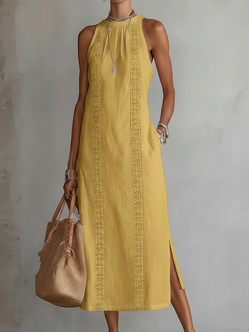Zenobia | Damen Ärmeloses Midikleid mit Stehkragen - White - Image 6