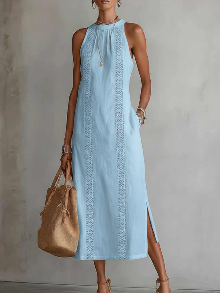 Zenobia | Damen Ärmeloses Midikleid mit Stehkragen - White - Image 8