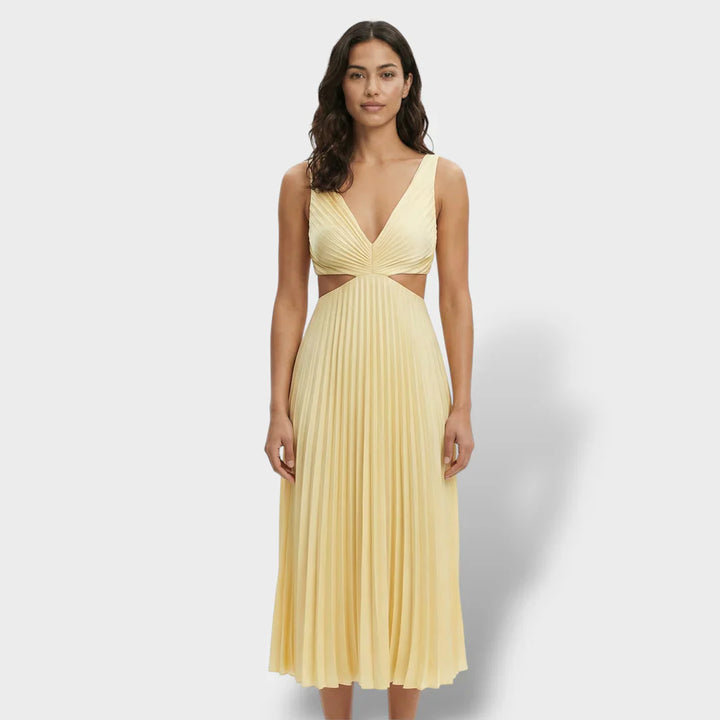 Zephyrine | Damen Plissee Midikleid V-Ausschnitt Ärmellos - Yellow - Image 1