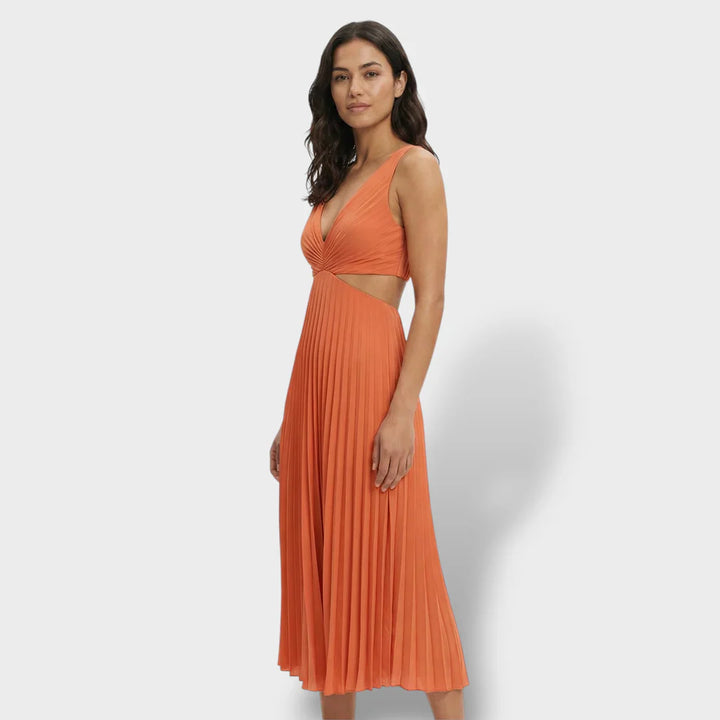 Zephyrine | Damen Plissee Midikleid V-Ausschnitt Ärmellos - Yellow - Image 11