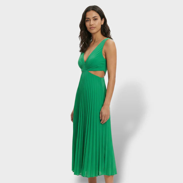 Zephyrine | Damen Plissee Midikleid V-Ausschnitt Ärmellos - Yellow - Image 13