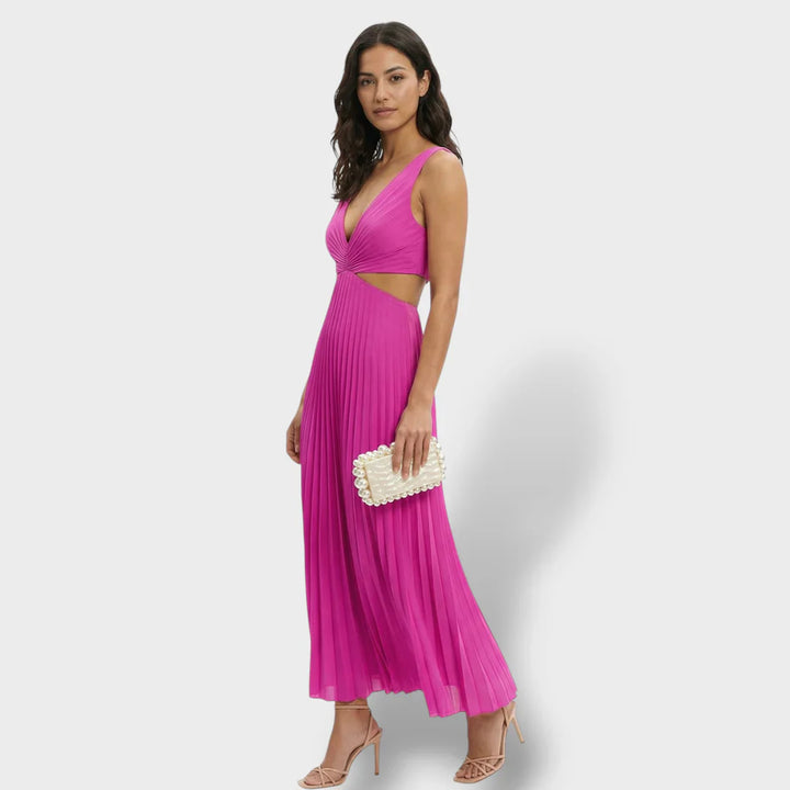 Zephyrine | Damen Plissee Midikleid V-Ausschnitt Ärmellos - Yellow - Image 14
