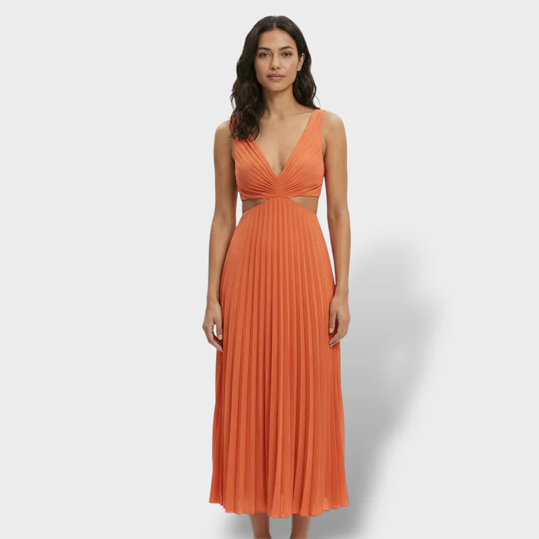 Zephyrine | Damen Plissee Midikleid V-Ausschnitt Ärmellos - Yellow - Image 6