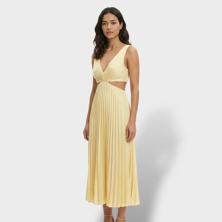 Zephyrine | Damen Plissee Midikleid V-Ausschnitt Ärmellos - Yellow - Image 9