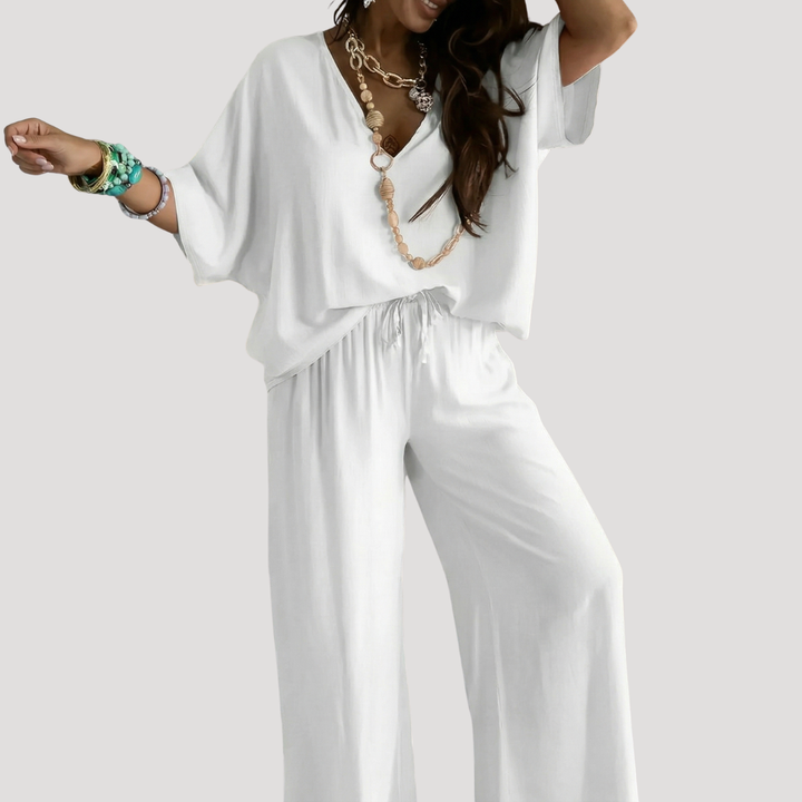 Zivana | Damen Zweiteiler V-Ausschnitt Weite Hose Set - White - Image 1