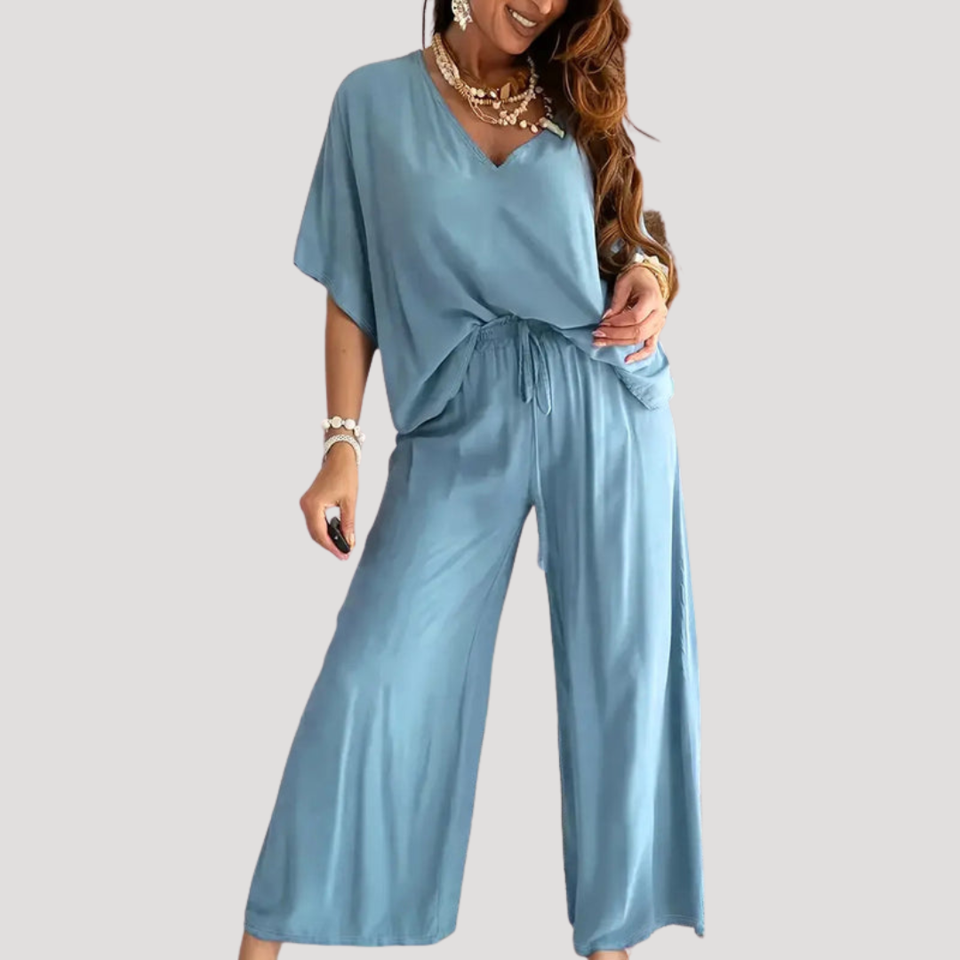Zivana | Damen Zweiteiler V-Ausschnitt Weite Hose Set - White - Image 2